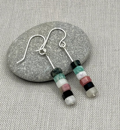 Sterling silver drop earrings with stacked aqua, pink, black, and white gemstone beads